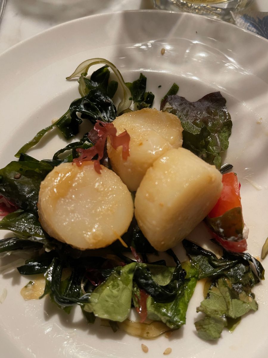 Jakobsmuscheln auf Salat mit Algen.